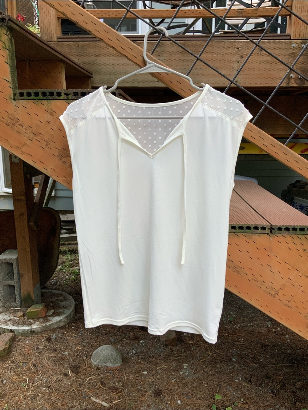 Nordstrom Cream Sheer Polka-Dot Short Sleeve Yoke Top